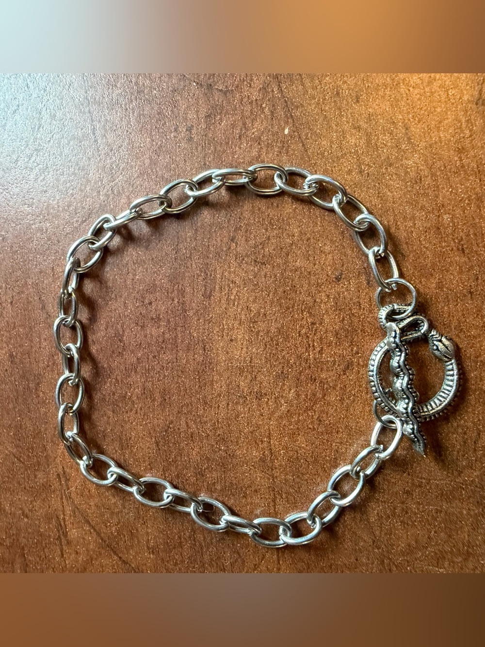 Silver Link Chain Bracelet with Decorative Snake Toggle